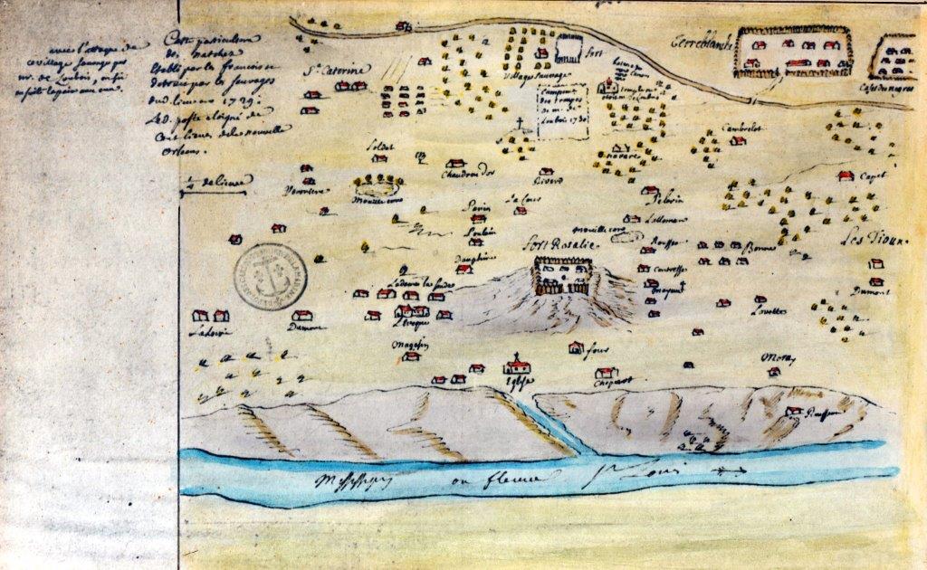 Illustrated map of Fort Rosalie in French Natchez with seal, circa 1729.