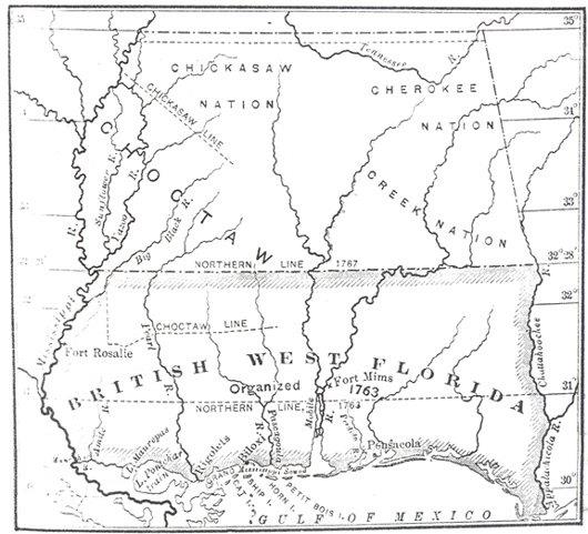 British West Florida and Indian Nations.  The British assumed control over the Natchez District in 1763 from France.