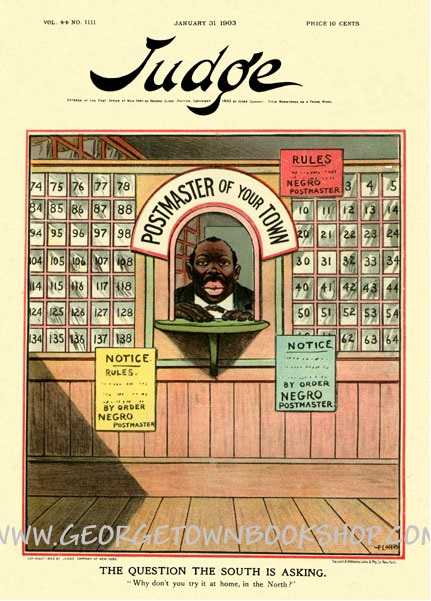 This magazine cover from Judge magazine (January 31, 1903) features an image of a male postmaster, but the cartoon alludes to Cox and the Indianola Affair.