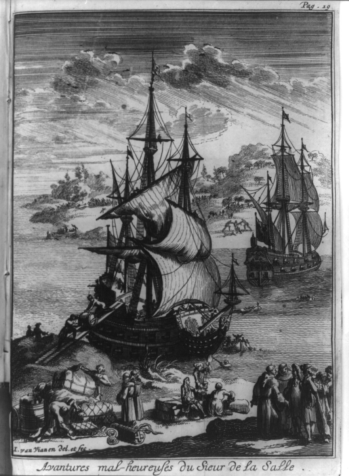 LaSalle and others debark ship, 1698