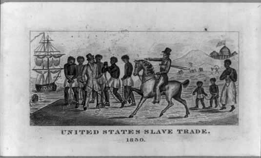 An abolitionist print shows a group of slaves in chains