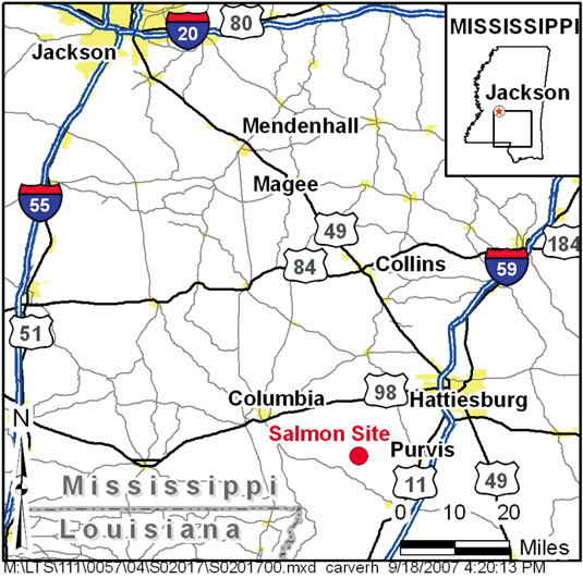 Map showing nuclear testing site in Mississippi