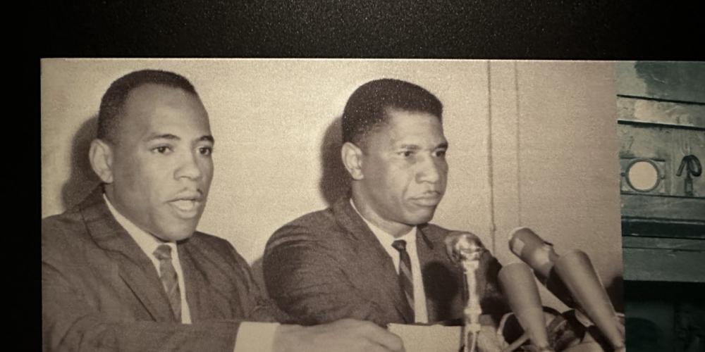 James Meredith with NAACP field secretary Medgar Evers. Photo courtesy of the Ed Meek Collection, University of Mississippi 1962. Joint ownership between Ed Meek, The University of Mississippi, The School of Journalism and New Media and The Department of Archives and Special Collections.