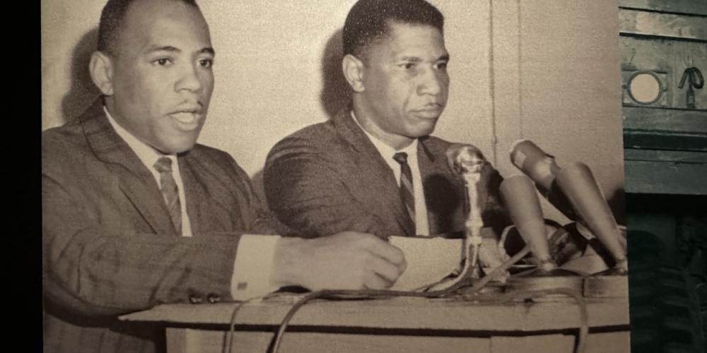 James Meredith with NAACP field secretary Medgar Evers. Photo courtesy of the Ed Meek Collection, University of Mississippi 1962. Joint ownership between Ed Meek, The University of Mississippi, The School of Journalism and New Media and The Department of Archives and Special Collections.